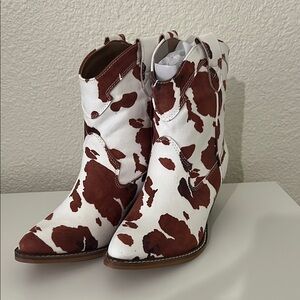 White and Brown Leather Ankle Booties with Cow Print